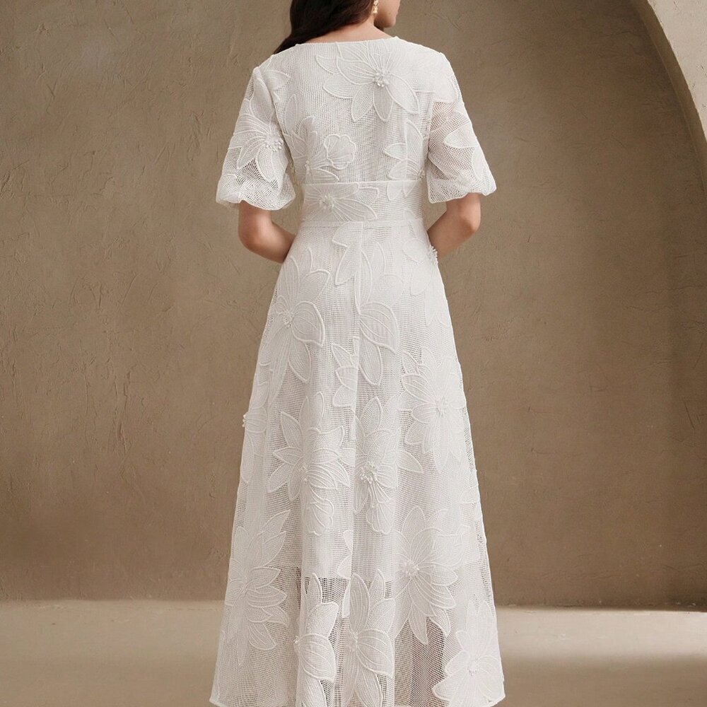 White Elegant Women's Floral Embellished Mid-Sleeve Midi Dress - Picture 3 of 6